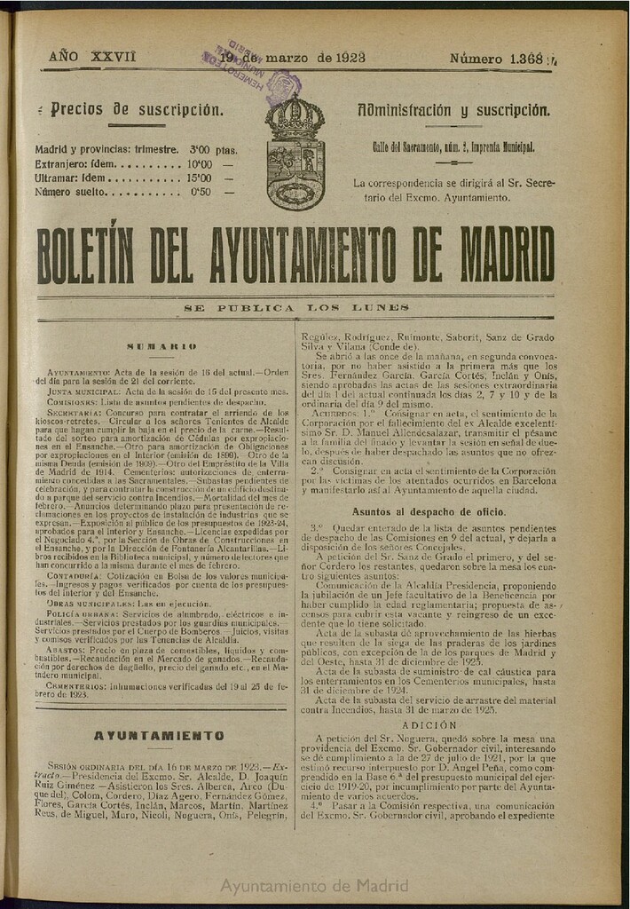Miniatura de Boletín Oficial del Ayuntamiento de Madrid del 19 de marzo de 1923, nº 1368