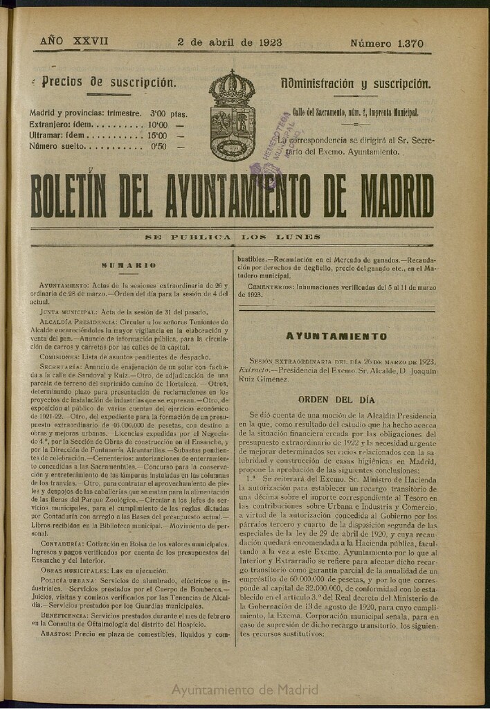 Miniatura de Boletín Oficial del Ayuntamiento de Madrid del 2 de abril de 1923, nº 1370