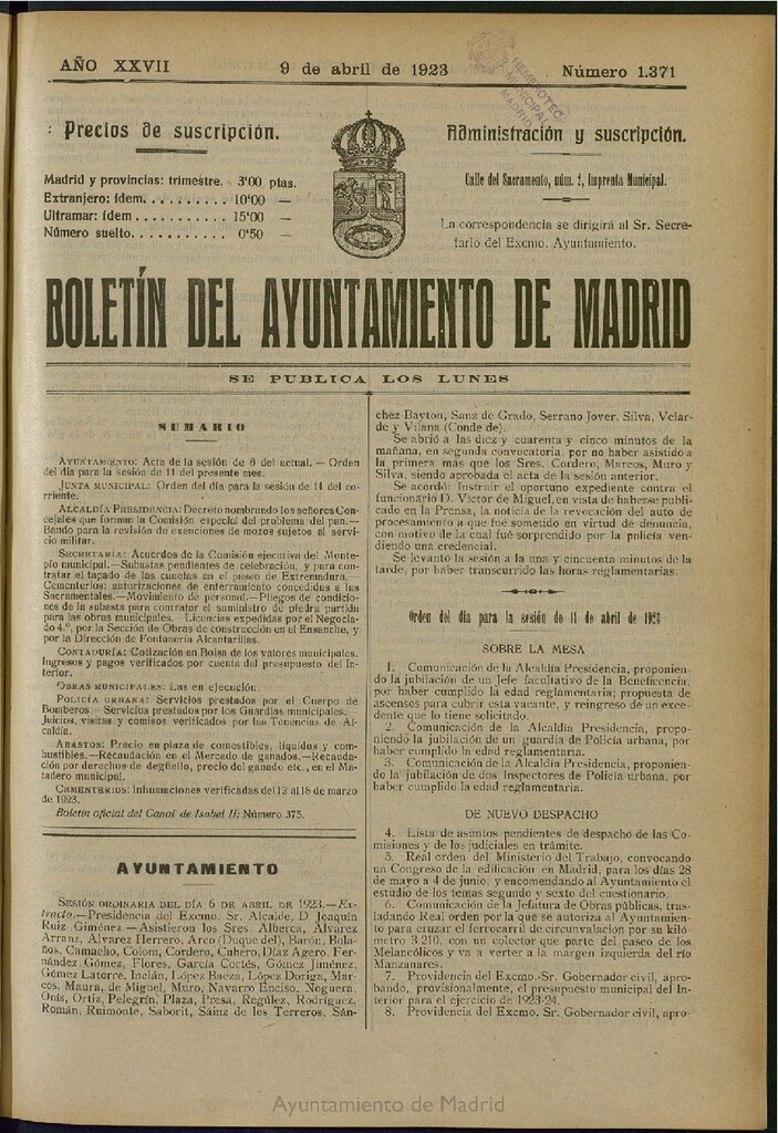 Miniatura de Boletín Oficial del Ayuntamiento de Madrid del 9 de abril de 1923, nº 1371