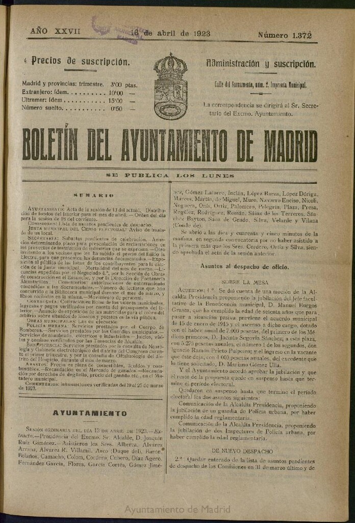 Miniatura de Boletín Oficial del Ayuntamiento de Madrid del 16 de abril de 1923, nº 1372