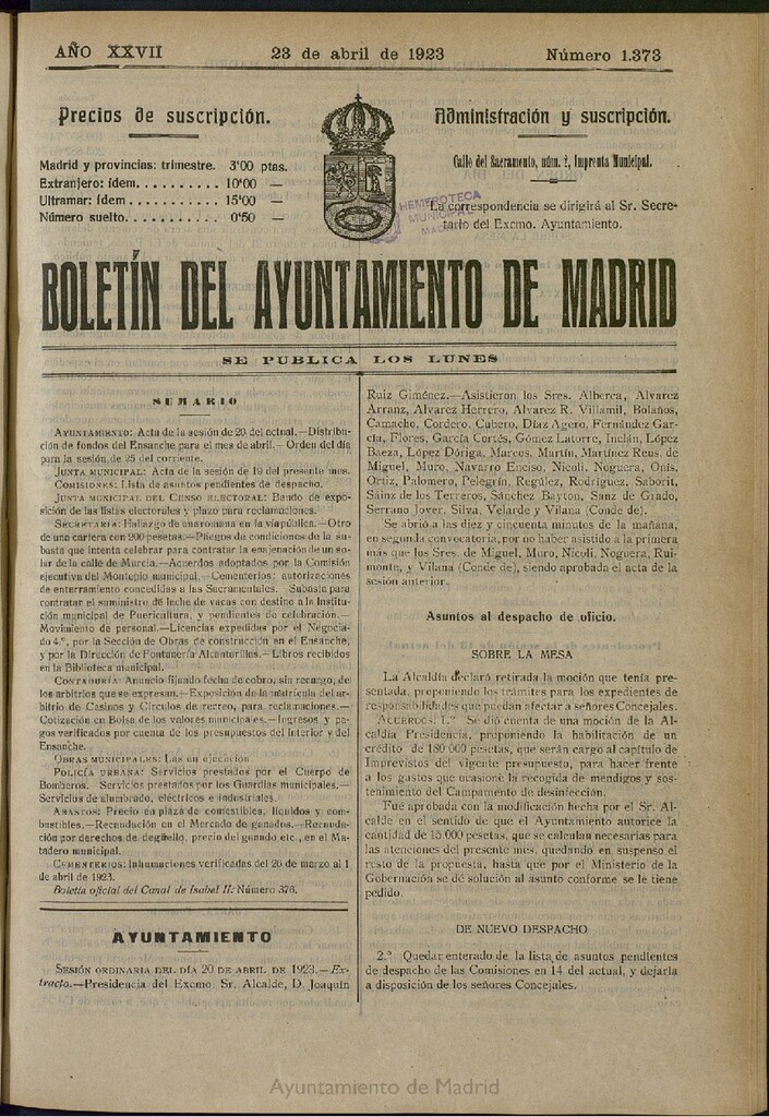 Miniatura de Boletín Oficial del Ayuntamiento de Madrid del 23 de abril de 1923, nº 1373
