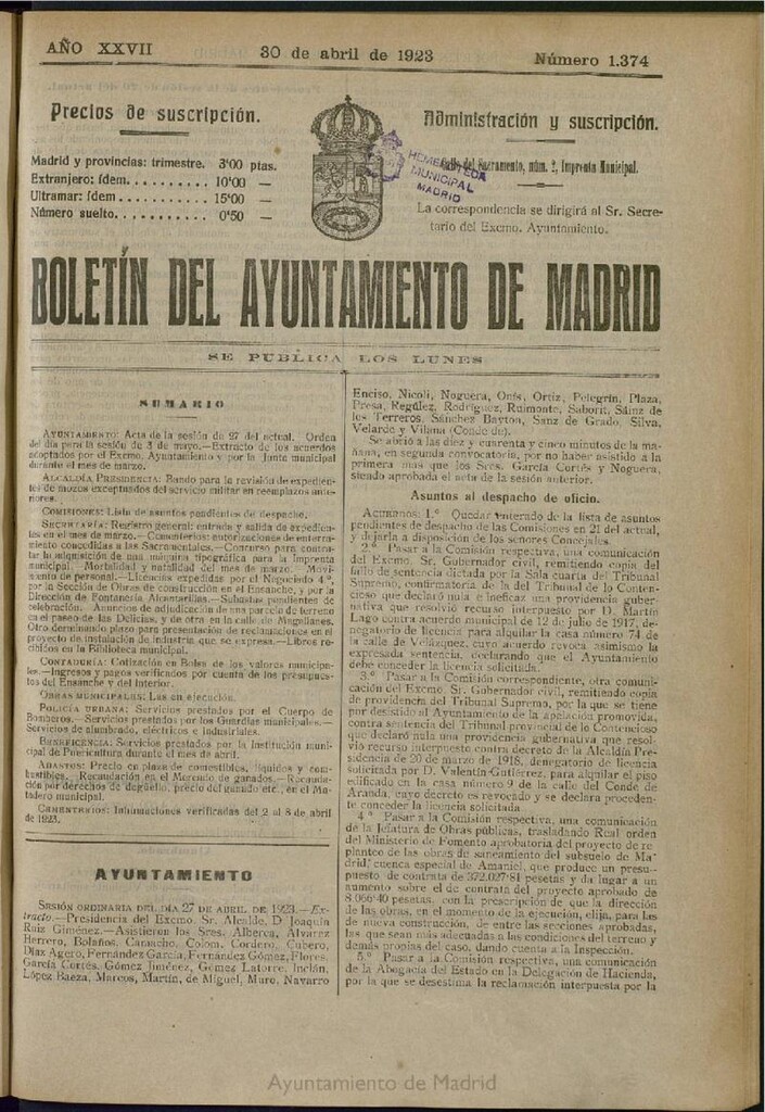 Miniatura de Boletín Oficial del Ayuntamiento de Madrid del 30 de abril de 1923, nº 1374