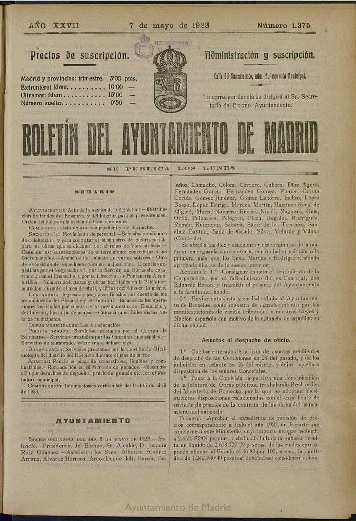 Miniatura de Boletín Oficial del Ayuntamiento de Madrid del 7 de mayo de 1923, nº 1375