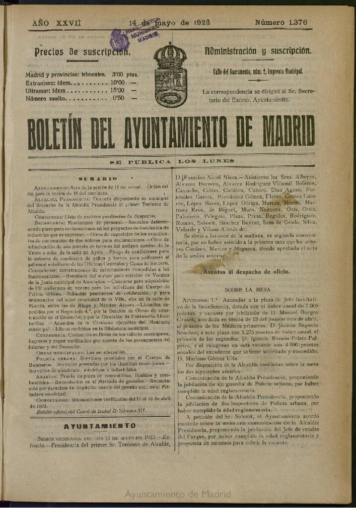 Miniatura de Boletín Oficial del Ayuntamiento de Madrid del 14 de mayo de 1923, nº 1376