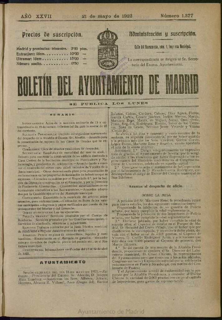 Miniatura de Boletín Oficial del Ayuntamiento de Madrid del 21 de mayo de 1923, nº 1377