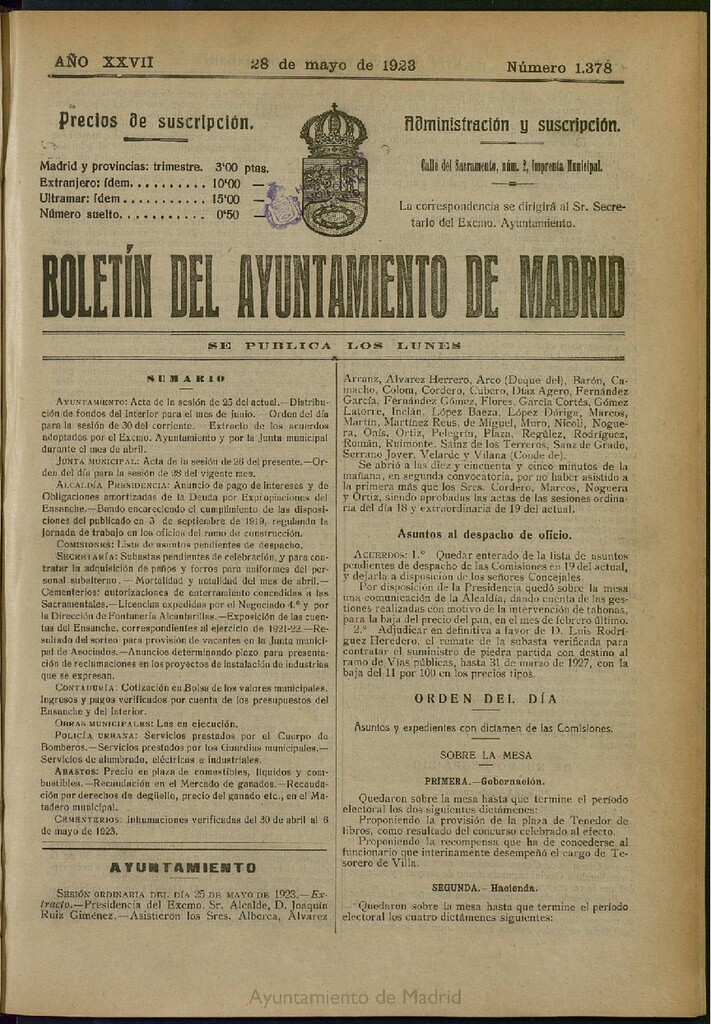 Miniatura de Boletín Oficial del Ayuntamiento de Madrid del 28 de mayo de 1923, nº 1378