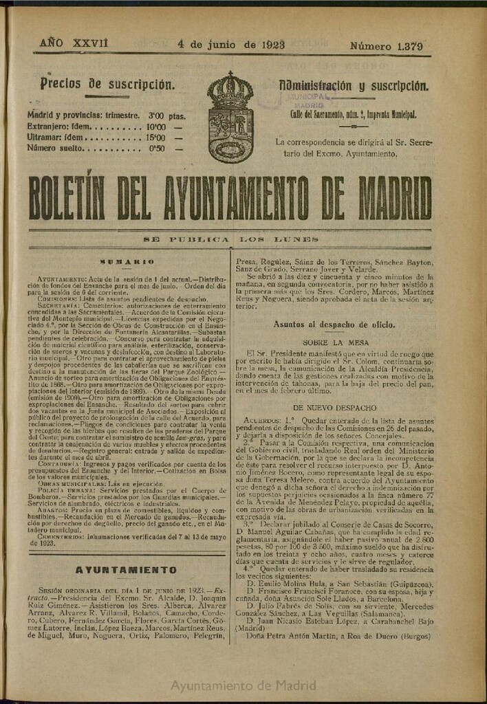 Miniatura de Boletín Oficial del Ayuntamiento de Madrid del 4 de junio de 1923, nº 1379