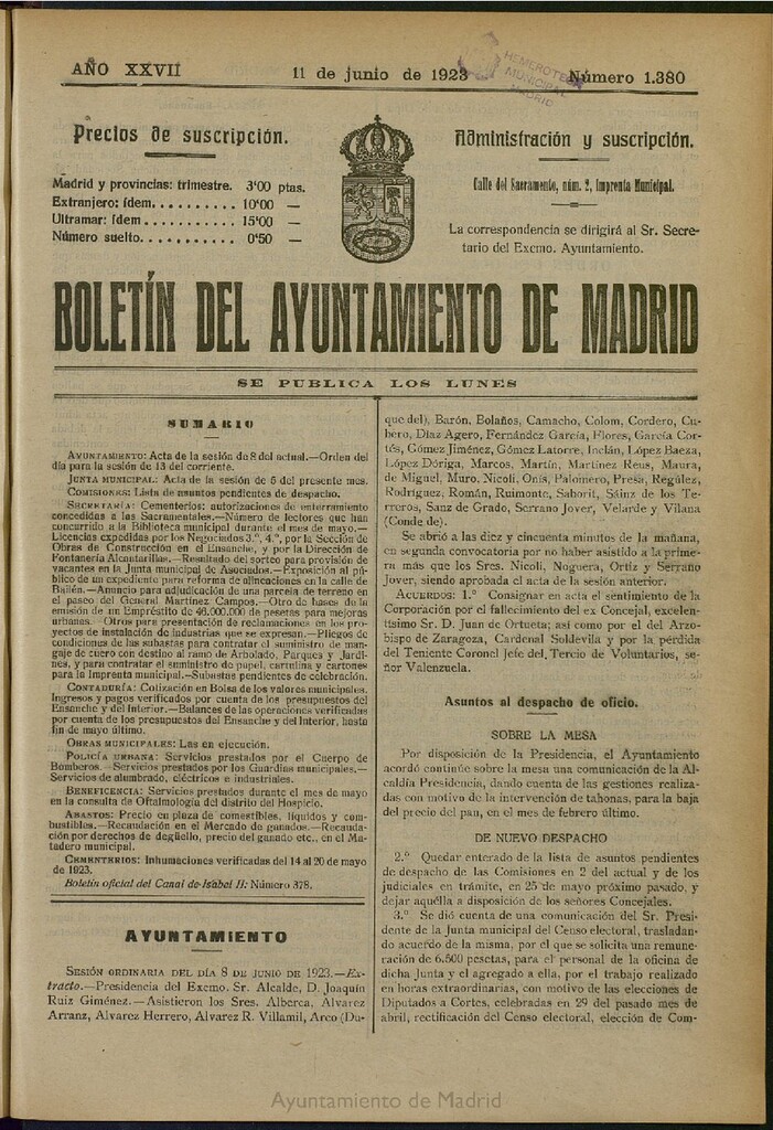 Miniatura de Boletín Oficial del Ayuntamiento de Madrid del 11 de junio de 1923, nº 1380