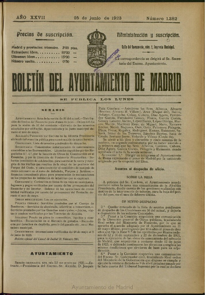 Miniatura de Boletín Oficial del Ayuntamiento de Madrid del 25 de junio de 1923, nº 1382
