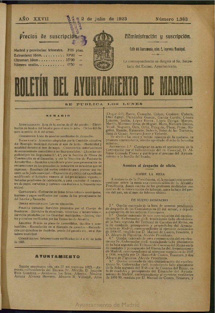 Miniatura de Boletín Oficial del Ayuntamiento de Madrid del 2 de julio de 1923, nº 1383