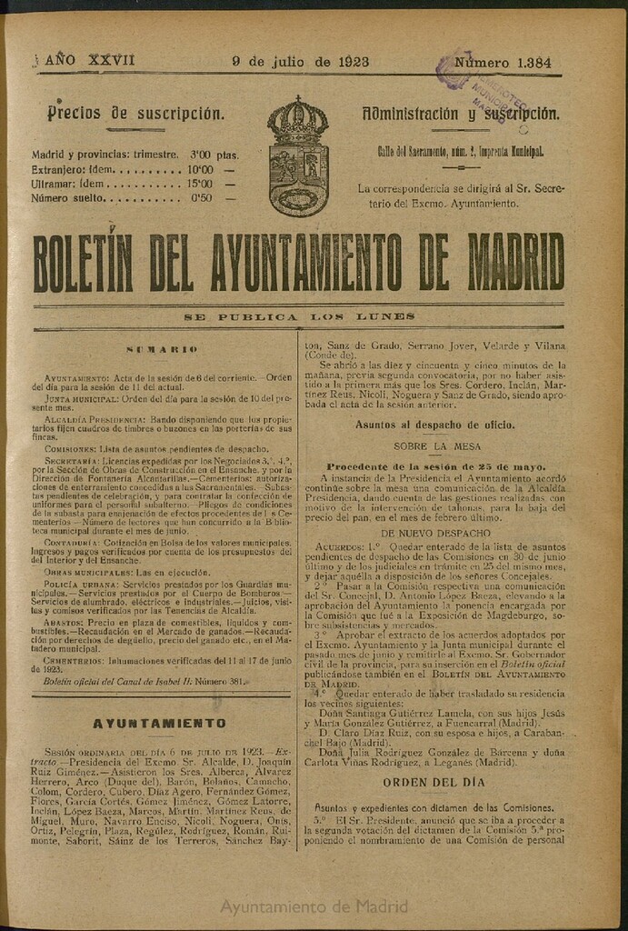 Miniatura de Boletín Oficial del Ayuntamiento de Madrid del 9 de julio de 1923, nº 1384