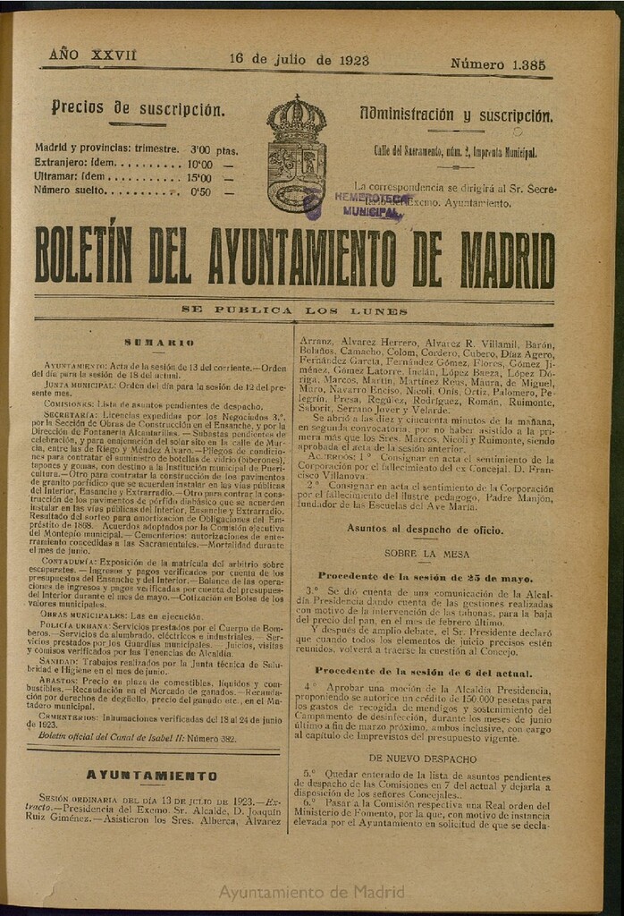 Miniatura de Boletín Oficial del Ayuntamiento de Madrid del 16 de julio de 1923, nº 1385