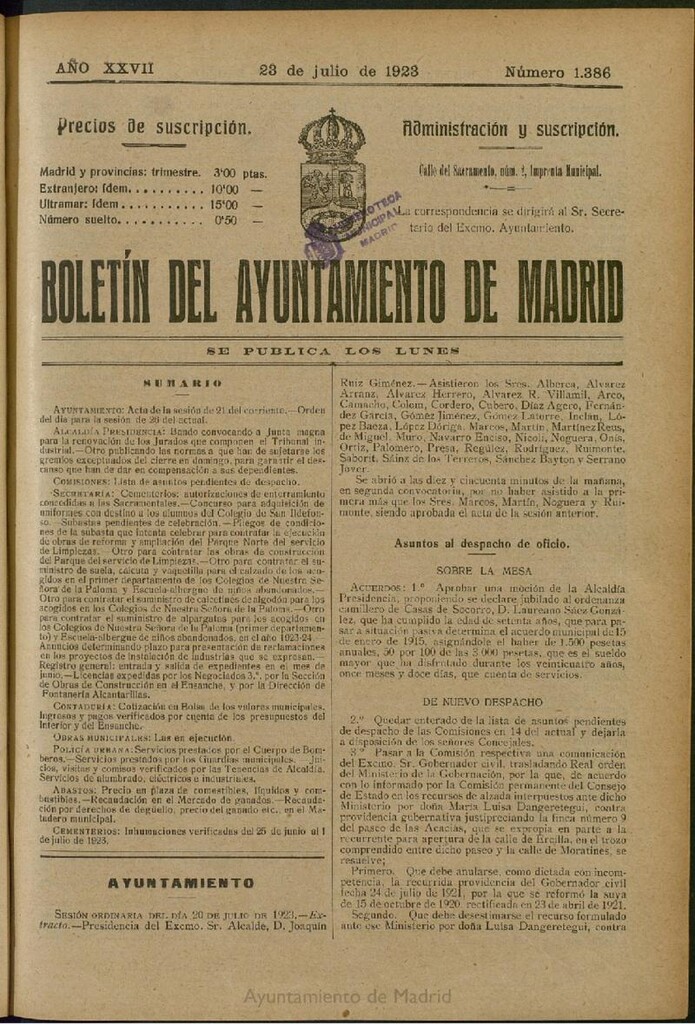 Miniatura de Boletín Oficial del Ayuntamiento de Madrid del 23 de julio de 1923, nº 1386