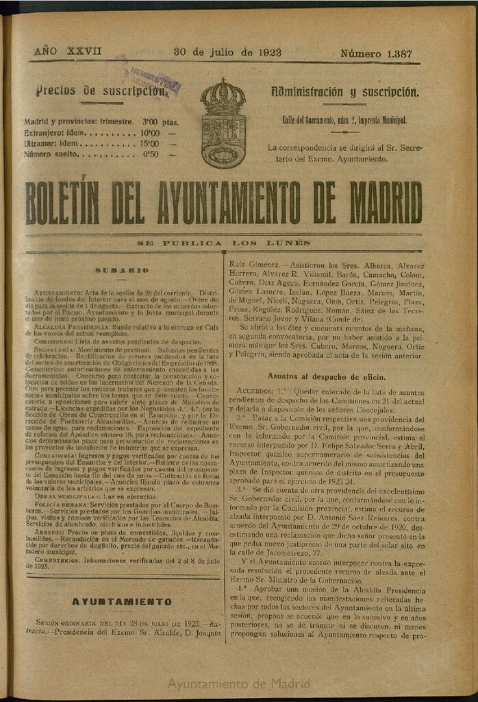 Miniatura de Boletín Oficial del Ayuntamiento de Madrid del 30 de julio de 1923, nº 1387