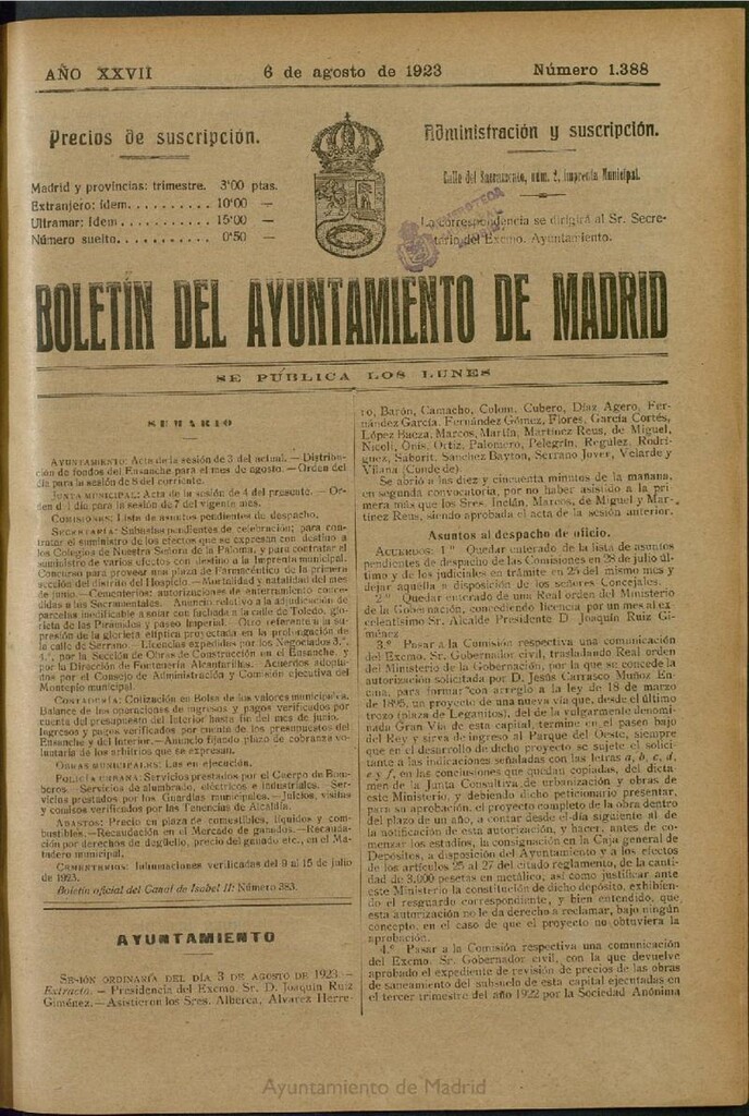 Miniatura de Boletín Oficial del Ayuntamiento de Madrid del 6 de agosto de 1923, nº 1388
