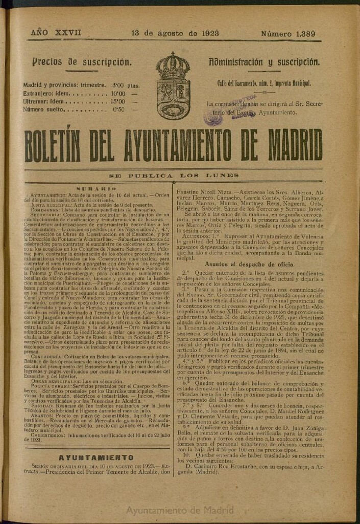 Miniatura de Boletín Oficial del Ayuntamiento de Madrid del 13 de agosto de 1923, nº 1389