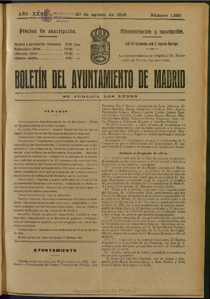 Miniatura de Boletín Oficial del Ayuntamiento de Madrid del 20 de agosto de 1923, nº 1390