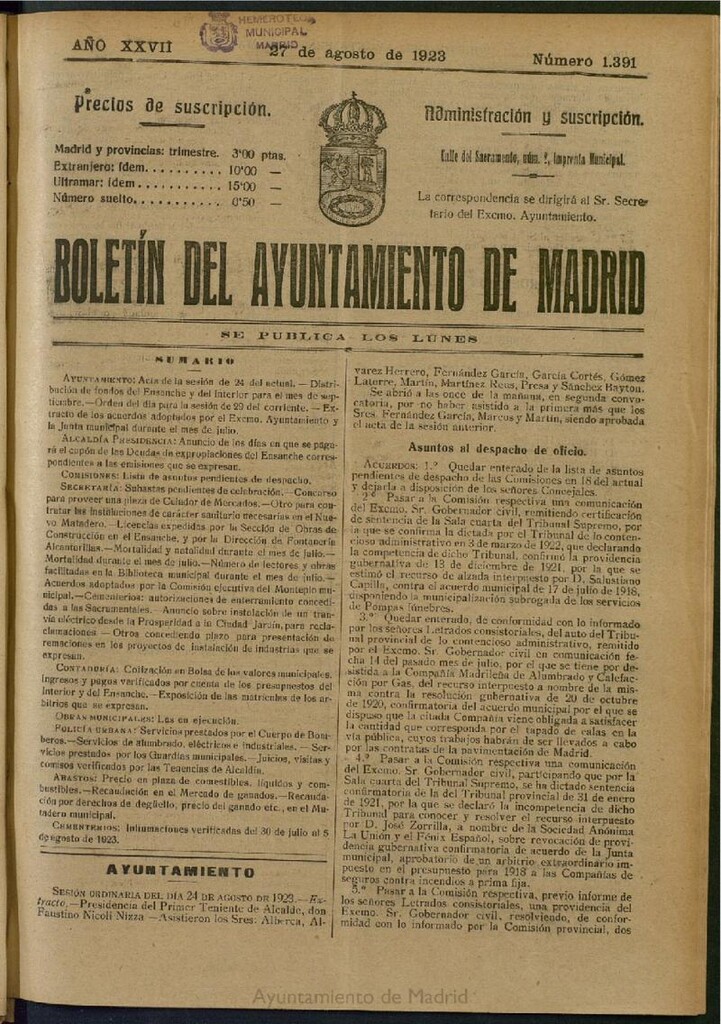 Miniatura de Boletín Oficial del Ayuntamiento de Madrid del 27 de agosto de 1923, nº 1391