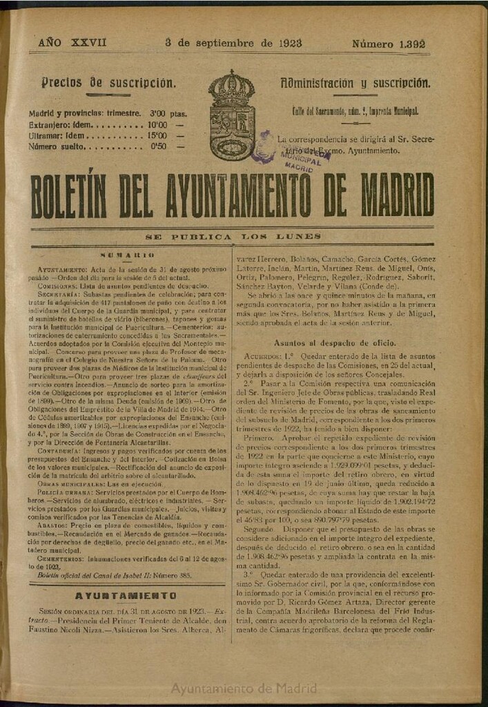 Miniatura de Boletín Oficial del Ayuntamiento de Madrid del 3 de septiembre de 1923, nº 1392