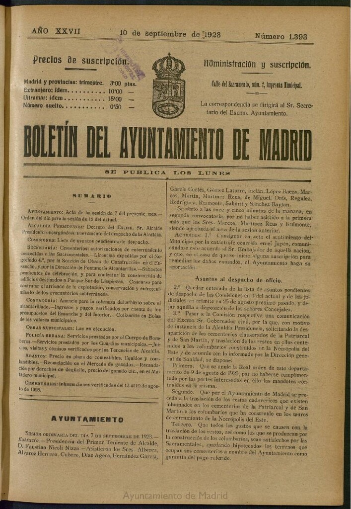 Miniatura de Boletín Oficial del Ayuntamiento de Madrid del 10 de septiembre de 1923, nº 1393
