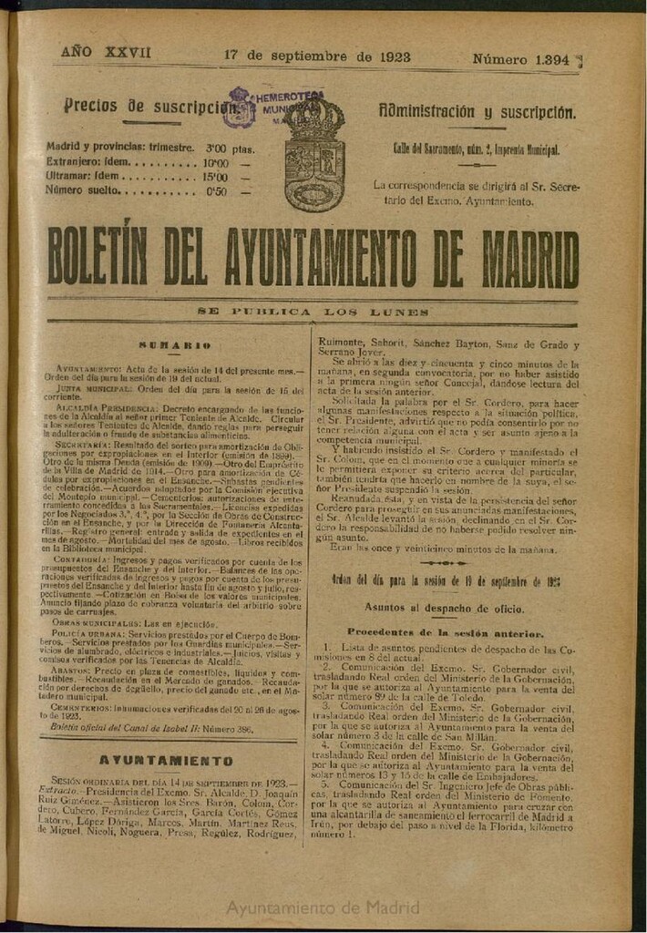 Miniatura de Boletín Oficial del Ayuntamiento de Madrid del 17 de septiembre de 1923, nº 1394