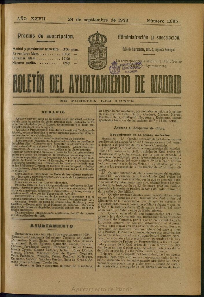 Miniatura de Boletín Oficial del Ayuntamiento de Madrid del 24 de septiembre de 1923, nº 1395