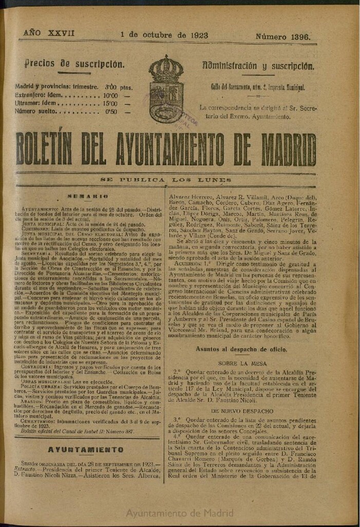 Miniatura de Boletín Oficial del Ayuntamiento de Madrid del 1 de octubre de 1923, nº 1396