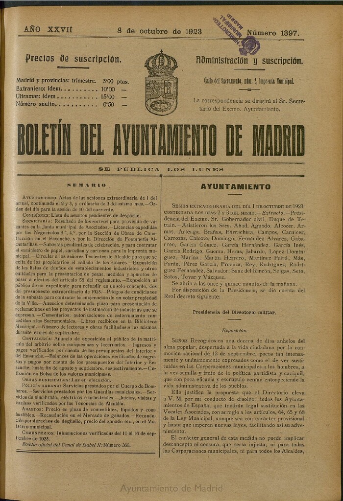 Miniatura de Boletín Oficial del Ayuntamiento de Madrid del 8 de octubre de 1923, nº 1397