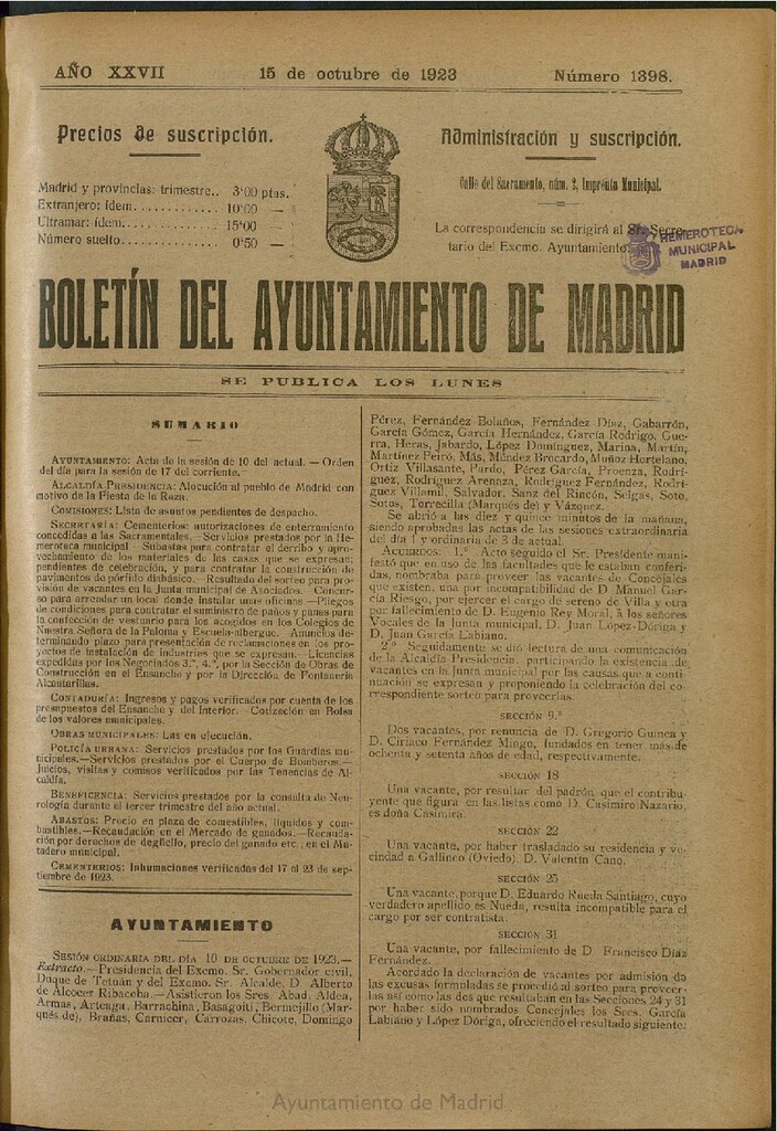 Miniatura de Boletín Oficial del Ayuntamiento de Madrid del 15 de octubre de 1923, nº 1398