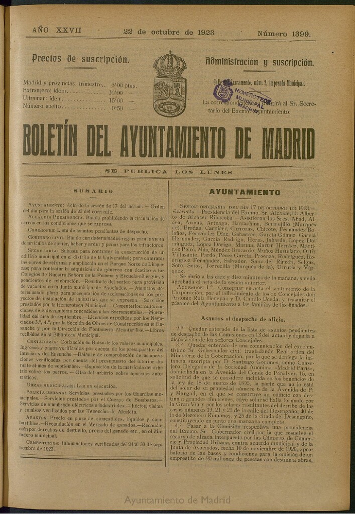 Miniatura de Boletín Oficial del Ayuntamiento de Madrid del 22 de octubre de 1923, nº 1399