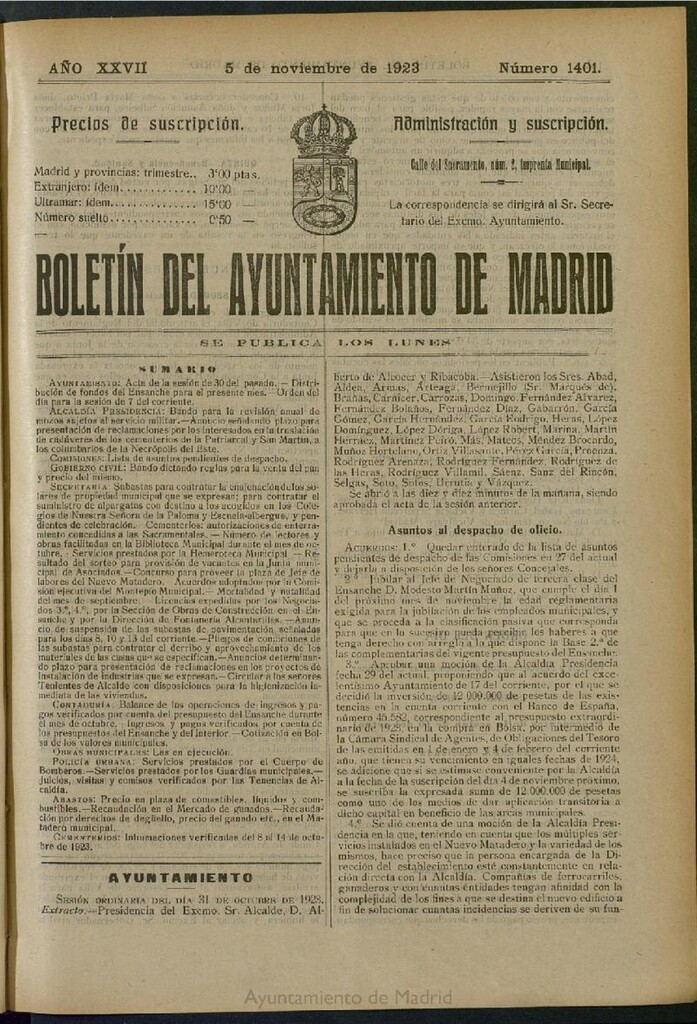 Miniatura de Boletín Oficial del Ayuntamiento de Madrid del 5 de noviembre de 1923, nº 1401
