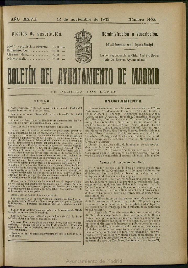 Miniatura de Boletín Oficial del Ayuntamiento de Madrid del 12 de noviembre de 1923, nº 1402