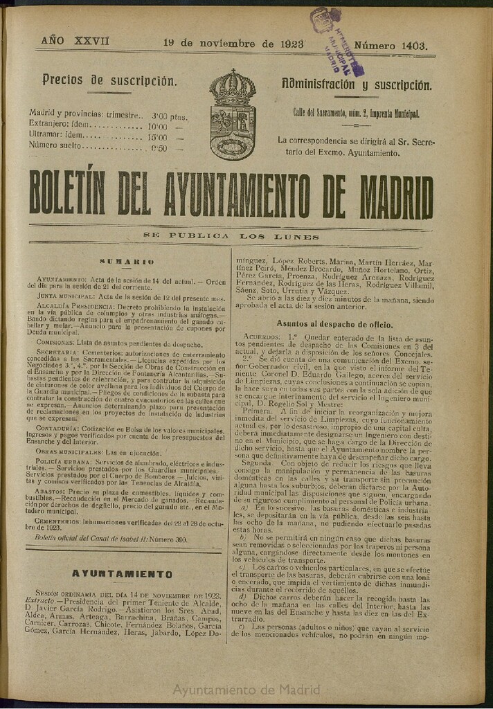 Miniatura de Boletín Oficial del Ayuntamiento de Madrid del 19 de noviembre de 1923, nº 1403