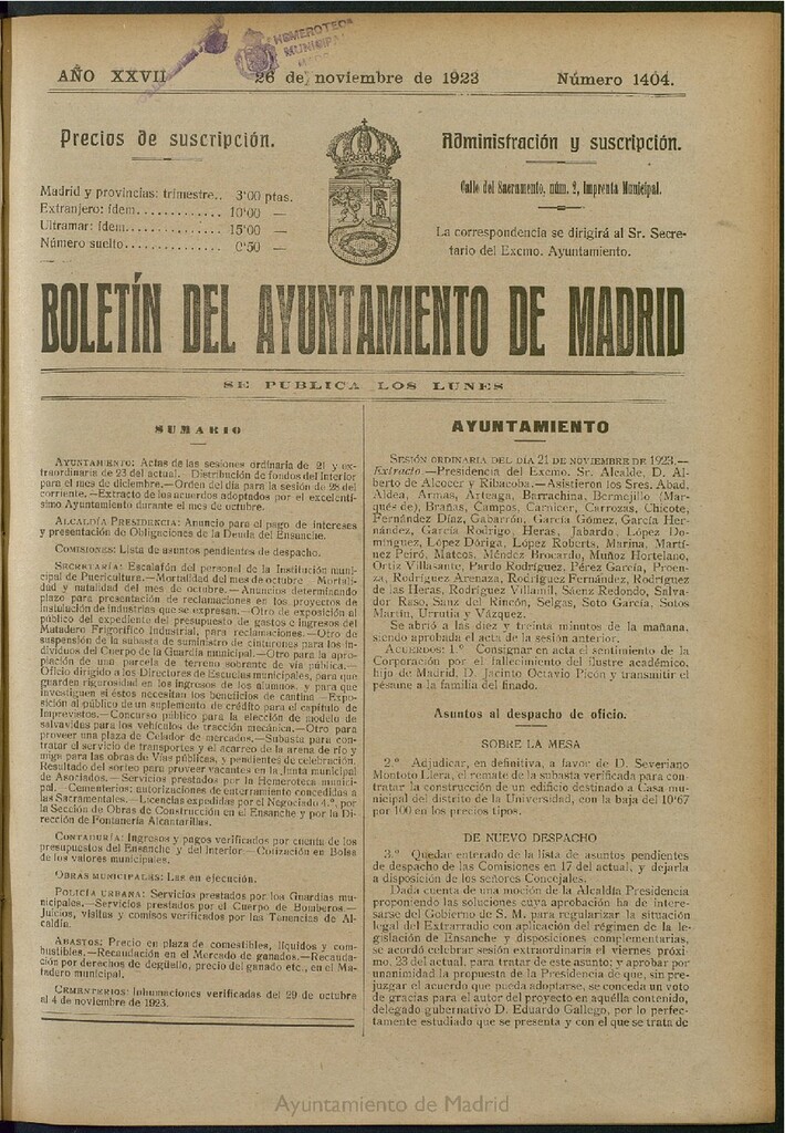 Miniatura de Boletín Oficial del Ayuntamiento de Madrid del 26 de noviembre de 1923, nº 1404