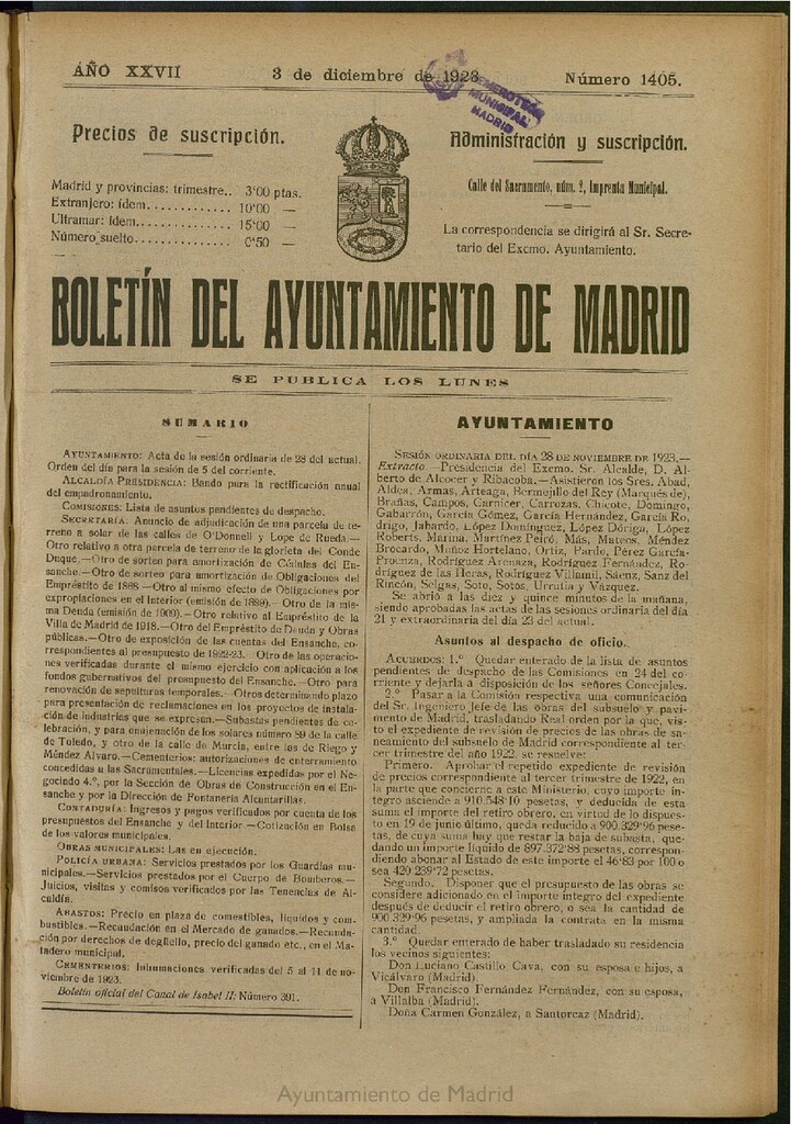 Miniatura de Boletín Oficial del Ayuntamiento de Madrid del 3 de diciembre de 1923, nº 1405