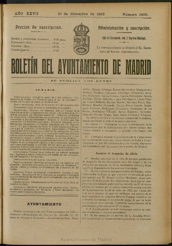Miniatura de Boletín Oficial del Ayuntamiento de Madrid del 10 de diciembre de 1923, nº 1406