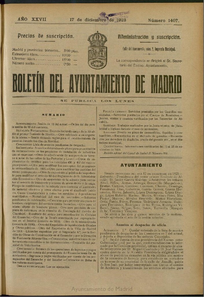 Miniatura de Boletín Oficial del Ayuntamiento de Madrid del 17 de diciembre de 1923, nº 1407