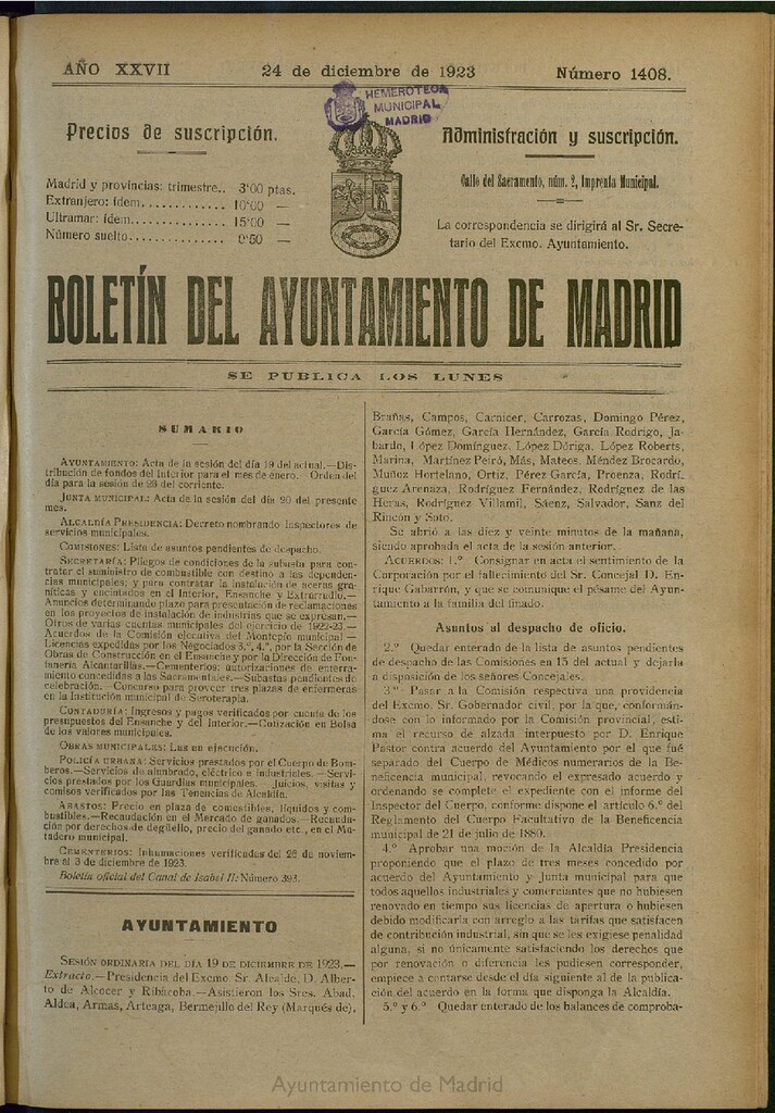 Miniatura de Boletín Oficial del Ayuntamiento de Madrid del 24 de diciembre de 1923, nº 1408