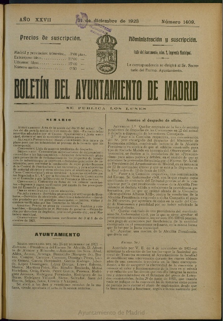 Miniatura de Boletín Oficial del Ayuntamiento de Madrid del 31 de diciembre de 1923, nº 1409