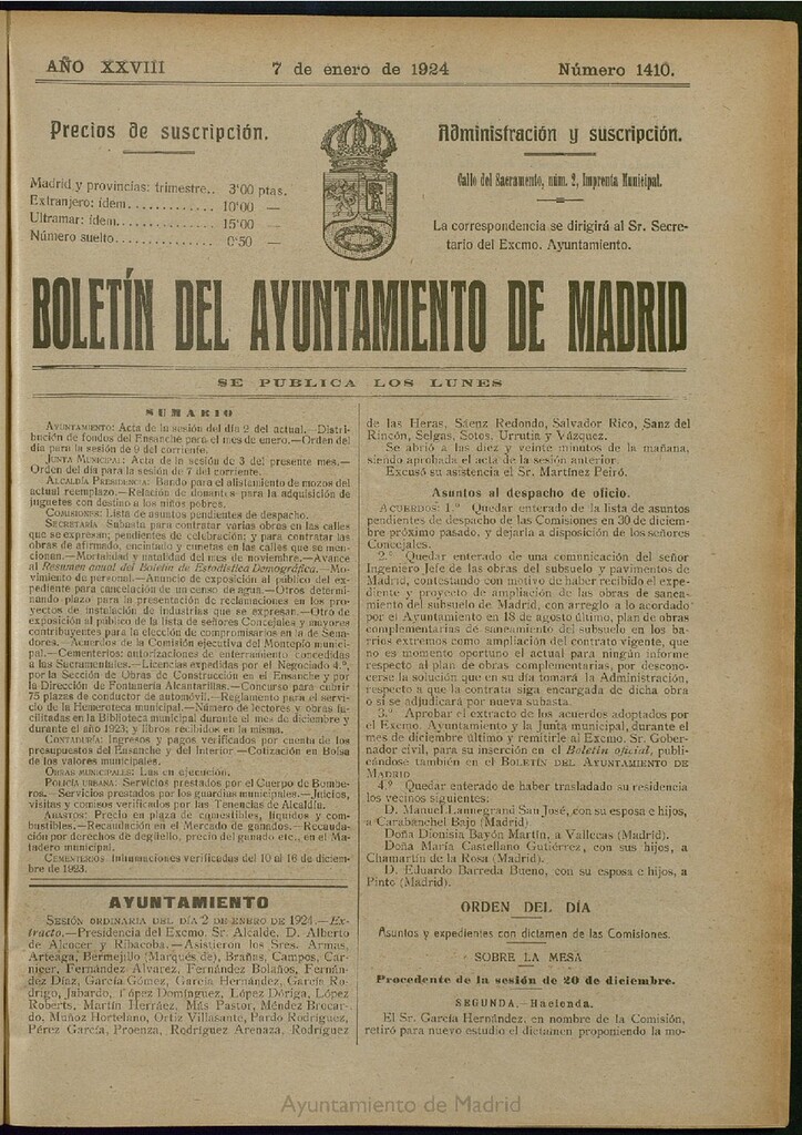 Miniatura de Boletín Oficial del Ayuntamiento de Madrid del 7 de enero de 1924, nº 1410