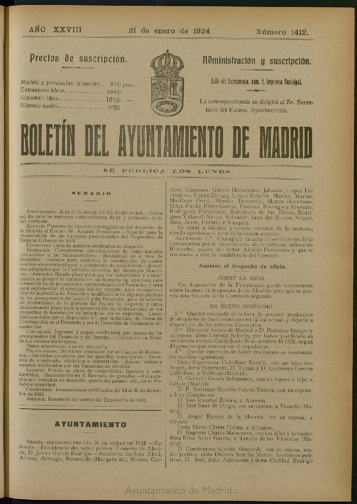 Miniatura de Boletín Oficial del Ayuntamiento de Madrid del 21 de enero de 1924, nº 1412
