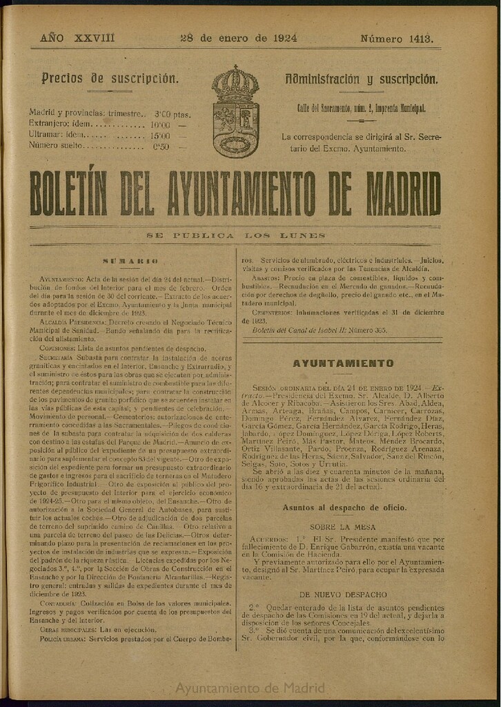 Miniatura de Boletín Oficial del Ayuntamiento de Madrid del 28 de enero de 1924, nº 1413