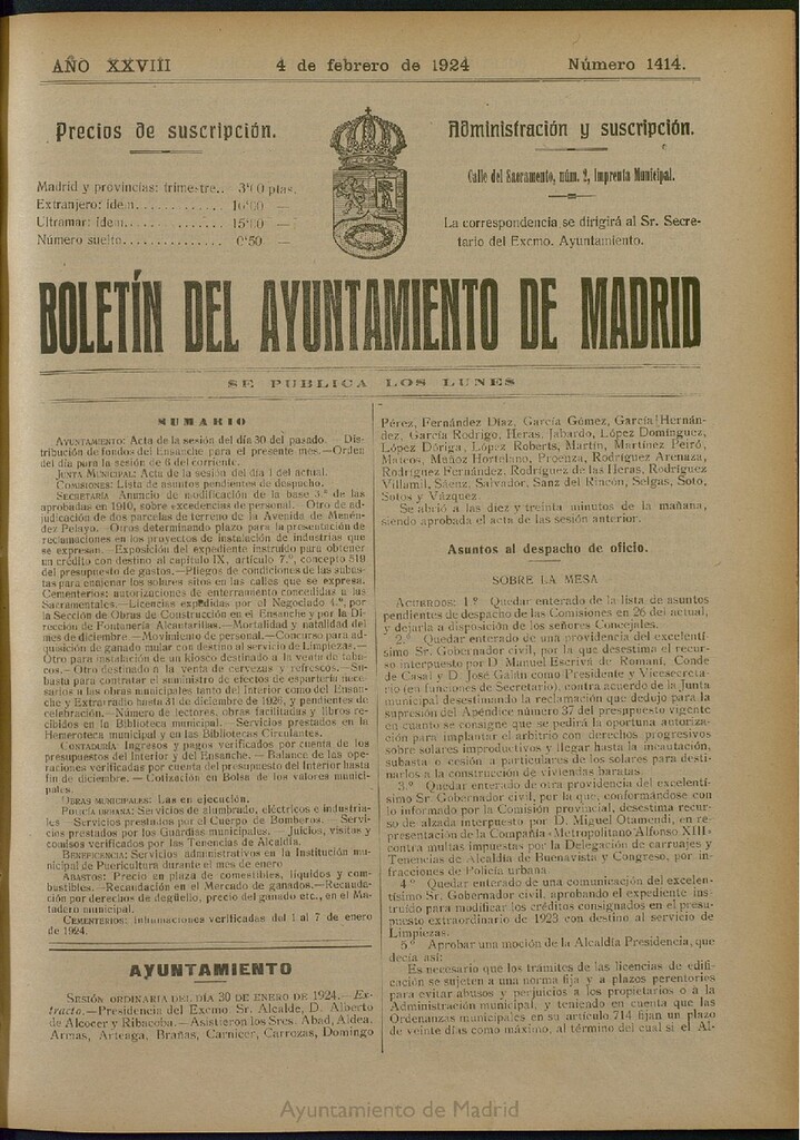 Miniatura de Boletín Oficial del Ayuntamiento de Madrid del 4 de febrero de 1924, nº 1414
