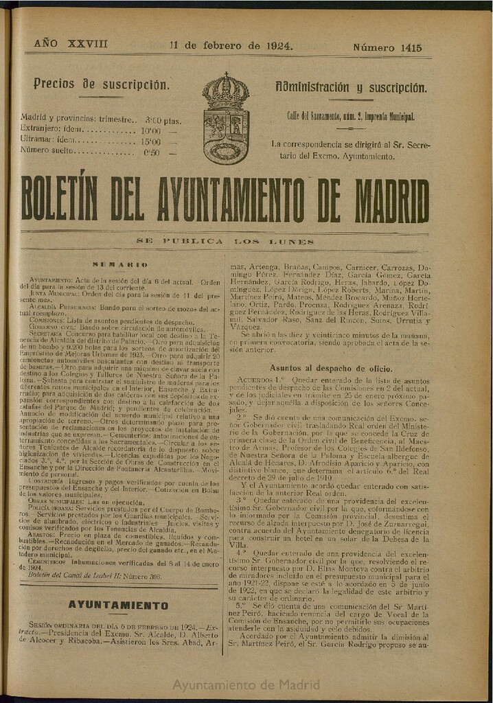 Miniatura de Boletín Oficial del Ayuntamiento de Madrid del 11 de febrero de 1924, nº 1415