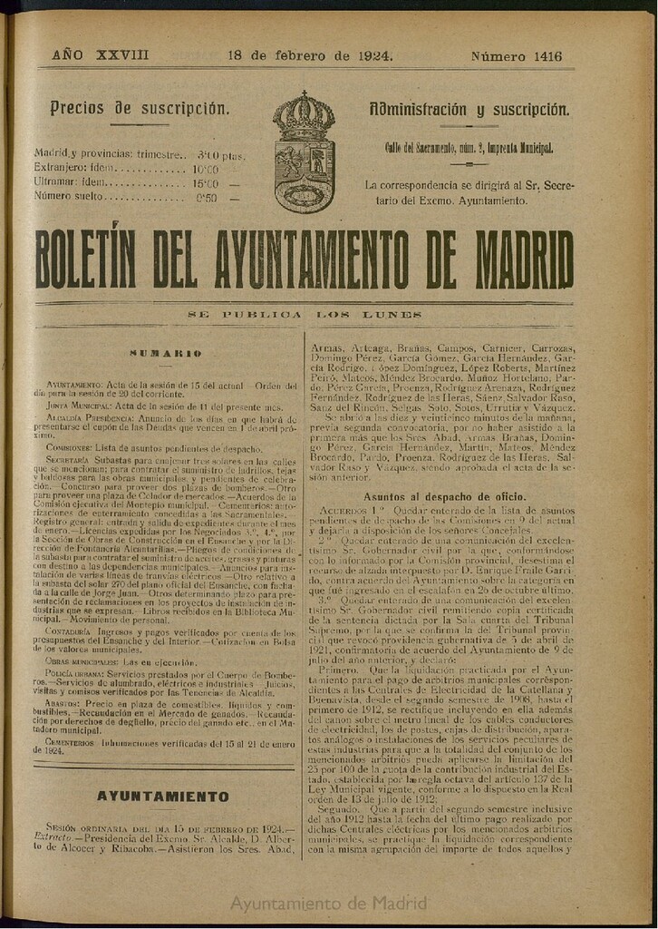 Miniatura de Boletín Oficial del Ayuntamiento de Madrid del 18 de febrero de 1924, nº 1416