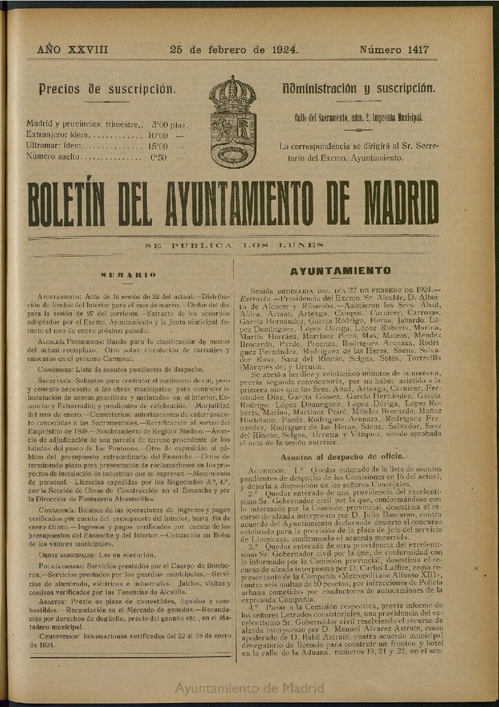 Miniatura de Boletín Oficial del Ayuntamiento de Madrid del 25 de febrero de 1924, nº 1417