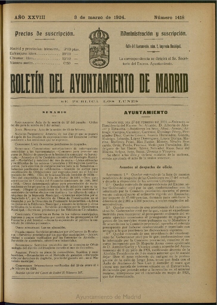 Miniatura de Boletín Oficial del Ayuntamiento de Madrid del 3 de marzo de 1924, nº 1418