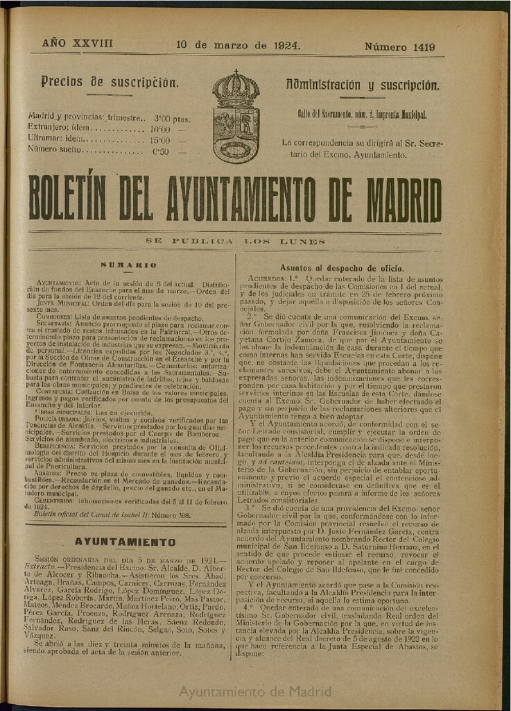 Miniatura de Boletín Oficial del Ayuntamiento de Madrid del 10 de marzo de 1924, nº 1419