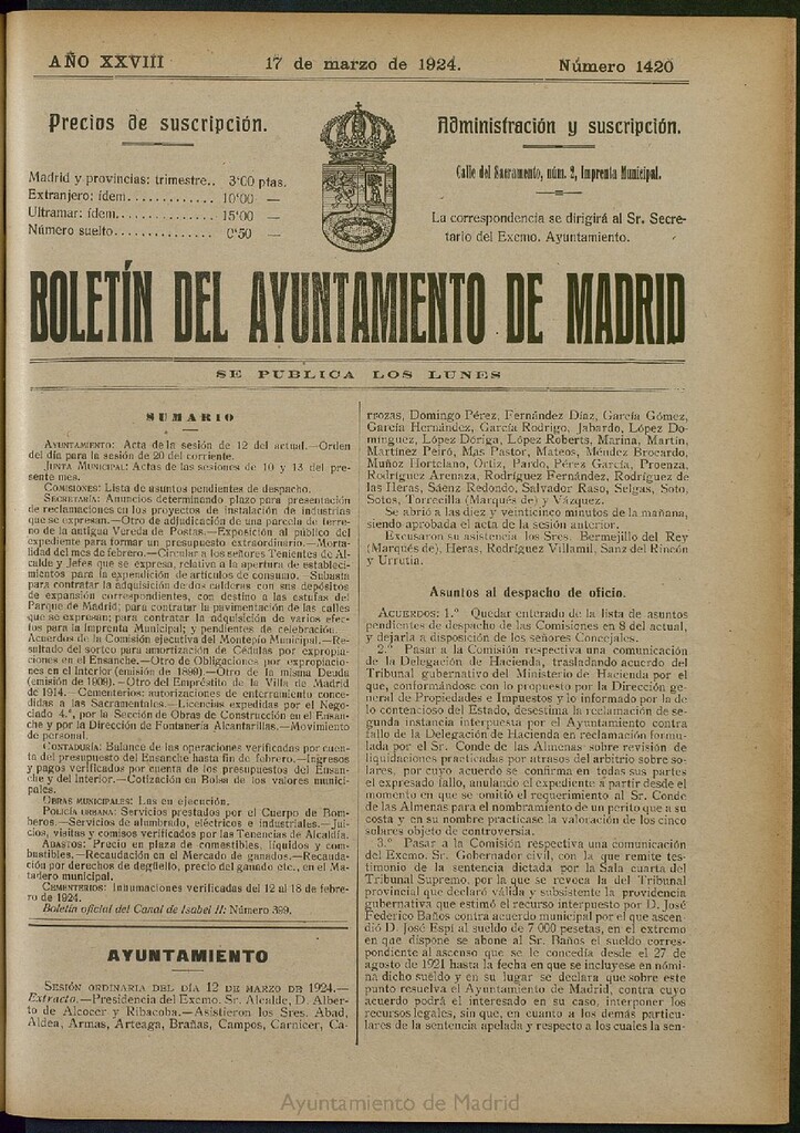 Miniatura de Boletín Oficial del Ayuntamiento de Madrid del 17 de marzo de 1924, nº 1420