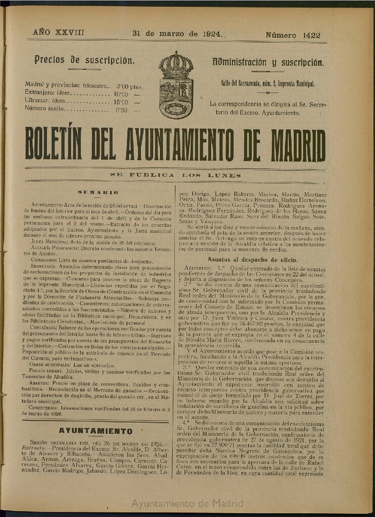 Miniatura de Boletín Oficial del Ayuntamiento de Madrid del 31 de marzo de 1924, nº 1422